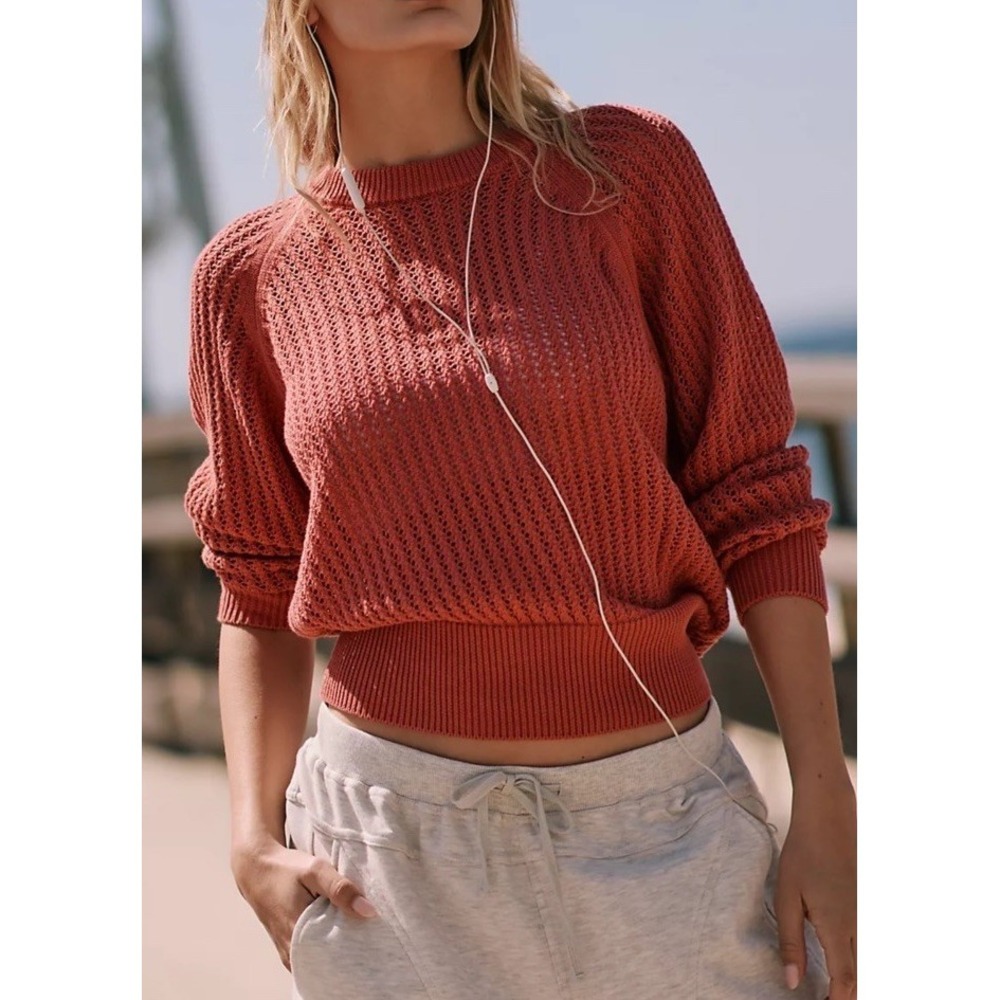 Varley Womens Clay Open Knit Crewneck‎ Cotton Sweater Crochet Mineral Red Sz L